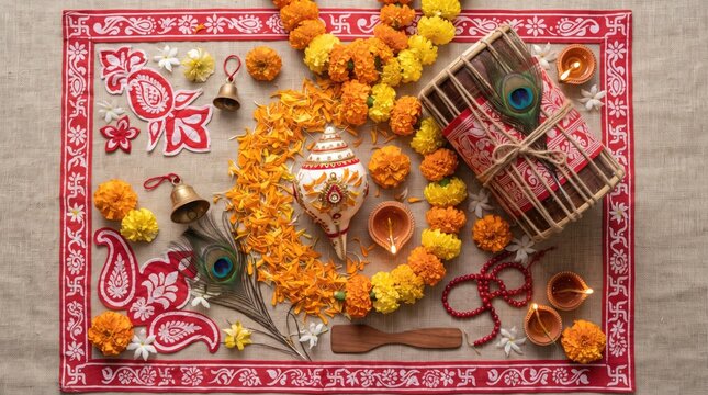 Traditional indian puja setup with flowers and musical instruments