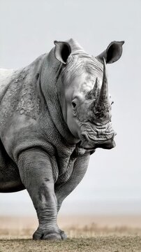 Vertical Video-Black and White Rhinoceros Standing in Profile on Open Plain, African Rhino Wildlife, Conservation Concept