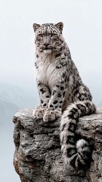 Vertical Video-Black and White Snow Leopard Resting on Rocky Ledge, Mountain Big Cat Wildlife, Misty Himalayan Landscape