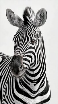 Vertical Video-Black and White Zebra Close-Up Portrait Facing Camera, Striped Pattern Wildlife, African Safari Animal