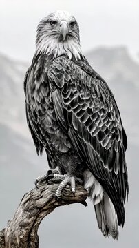 Vertical Video-Black and White Bald Eagle Perched on Branch Looking at Camera, Majestic Bird of Prey Wildlife, Freedom Symbol