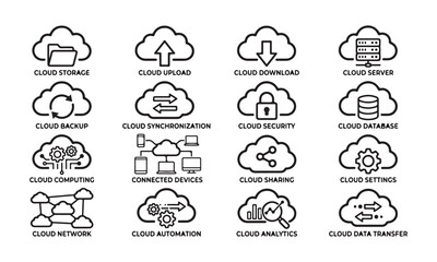 Fototapeta premium Cloud computing line icons with text labels for data storage and management.