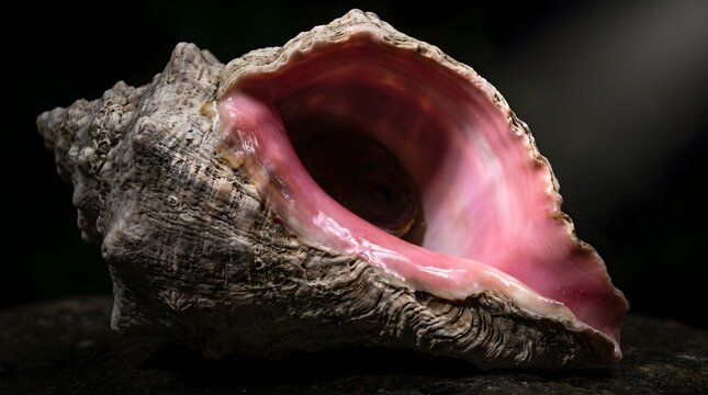 Natural queen conch shell with pink interior, close-up ocean seashell photography, dramatic lighting marine life specimen
