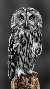 Vertical Video-Black and White Owl Perched on Tree Stump Looking at Camera, Night Bird Wildlife Portrait, Head Tilt
