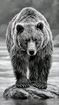 Vertical Video-Black and White Brown Bear Standing on River Rock, Curious Wilderness Wildlife, Riverbank Nature Scene