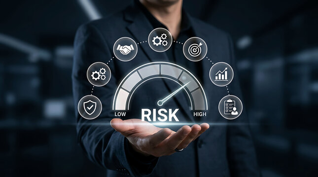 Businessman holding virtual risk gauge meter icon for corporate finance security