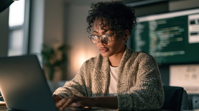 Portrait of a multiethnic female QA engineer debugging software at a laptop with a large green screen backdrop
