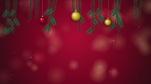 Festive Red Christmas Holiday Background Featuring Hanging Decorative Ornaments and Pine Branches with Bokeh Light Effects
