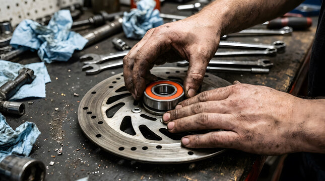 Mechanic Hands Installing Wheel Bearing on Motorcycle Brake Disc | Motorcycle Mechanic Repairing Brake Rotor in Workshop Close Up | Hands of Mechanic Assembling Motorcycle Brake Disc and Bearing