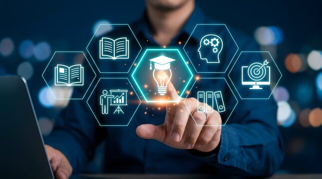 Educator touching a virtual e-learning interface featuring hexagonal icons representing digital education and academic subjects.