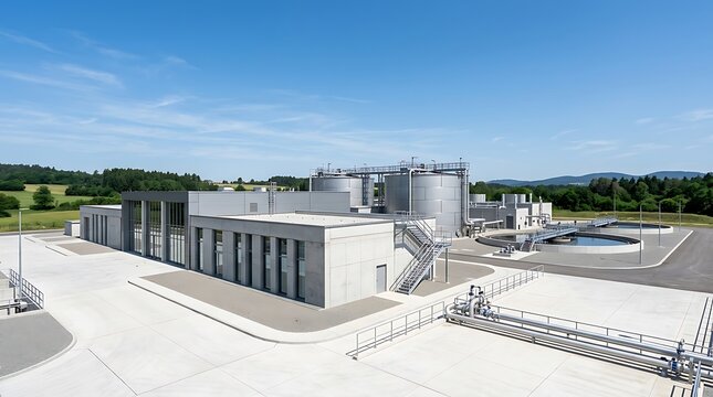 Modern Industrial Manufacturing Plant Exterior with Storage Tanks and Processing Unit