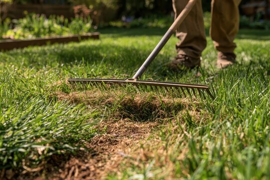 Raking out thatch in a fresh spring lawn during outdoor gardening