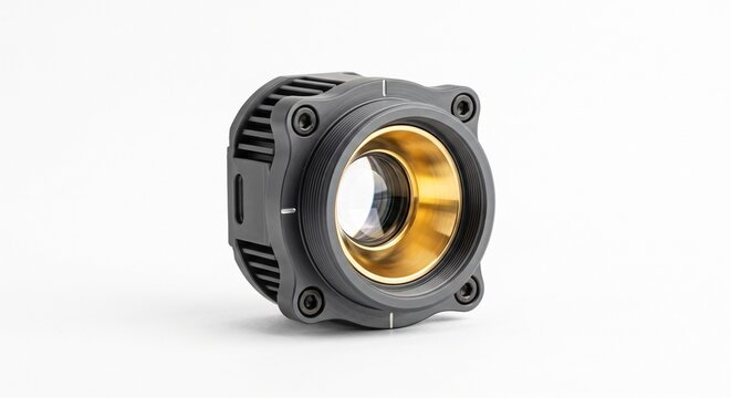 Fiber laser cutting head focusing lens holder. Machined anodized aluminum housing with gold-plated thermal shield. Industrial precision manufacturing hardware isolated on white background.