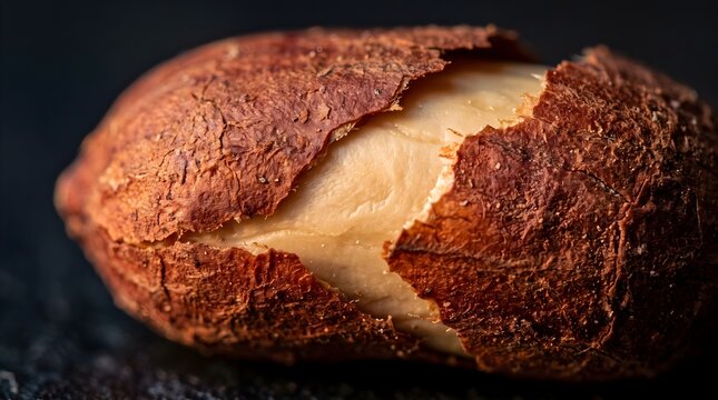 Macro peanut skin crack close up photo, single roasted peanut nut with brown outer husk layer, healthy snack food texture details