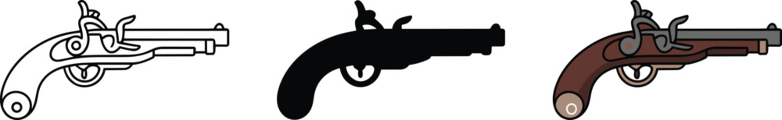 Fototapeta premium Vintage flintlock pistol silhouettes and outline icons collection with historical firearms weaponry