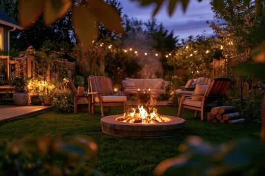 Relaxing evening around a stone firepit in a lush backyard setting