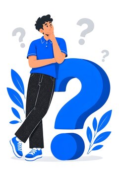 Pensive man leaning on giant question mark