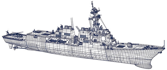 Detailed wireframe blueprint illustration of a modern warship, isolated on Tranceparent background png, showcasing maritime technology © Human Diversity