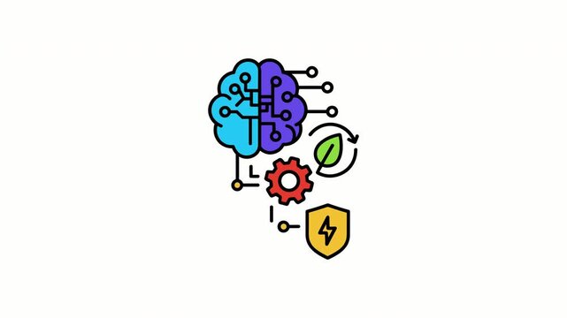 Brain with gears and shield icon evolving with technology and nature elements during development