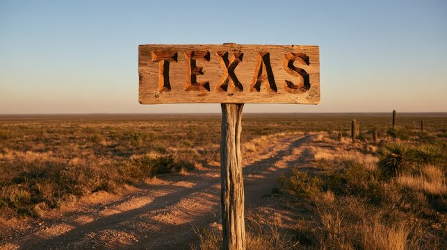 Rustic wooden sign with bold TEXAS lettering in a sunlit desert plain