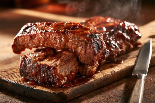 Savory boneless ribs arranged on a wooden board for home kitchen photography