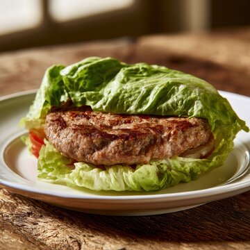 Savory protein burger wrapped in lettuce for a light, wholesome meal
