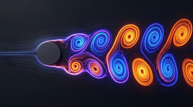 Abstract fluid dynamics visualization showing von Karman vortex street, colorful glowing airflow simulation concept background