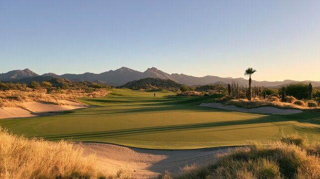 Scenic desert golf hole: lush putting green surrounded by sand bunkers and rugged terrain