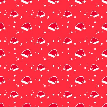 Red Christmas seamless pattern, white Santa Claus hat and falling snow background.