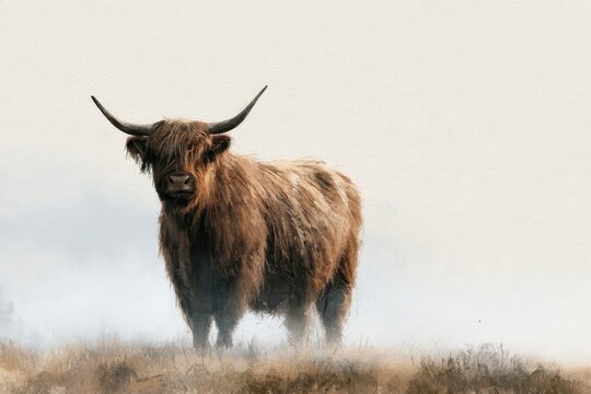 Scottish countryside bovine painting in watercolor with ample space for custom wording