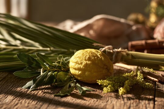 Seasonal Sukkot Display: Four Species Arrangement in Warm Lighting on Rustic Table