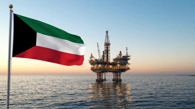 National Flag of Kuwait Waving with Illuminated Offshore Oil Platform in the Ocean at Sunset. AI Generated.