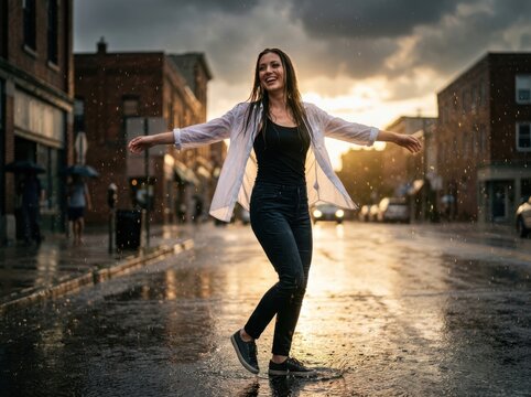 Joyful lady dancing in rain on a glowing city street at sunset
