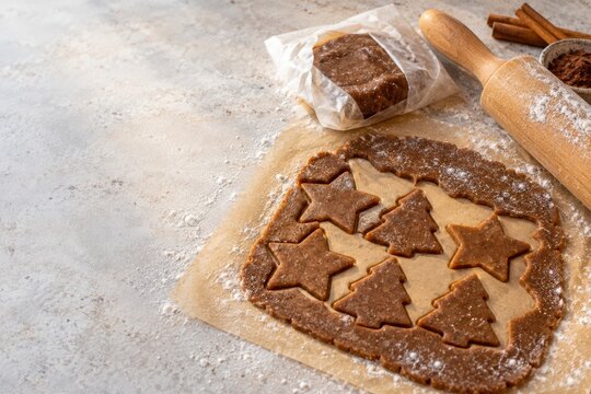Holiday Baking Background With Gingerbread Dough and Copy Space