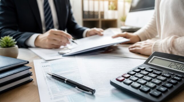 Tax Planning: Financial advisor reviewing tax documents with a client in a professional accounting office