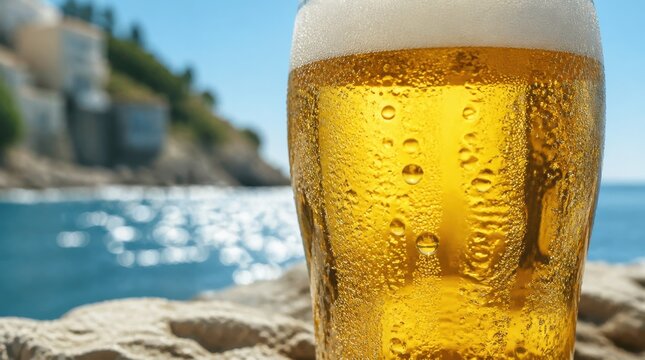 Beer glass: a chilled beer reflecting the brilliant blue water of a sunny seaside setting