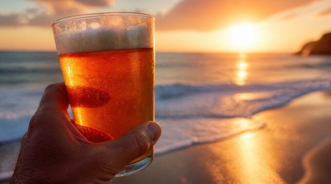 Beer glass: a glass of amber ale raised above a shoreline during an ocean sunset