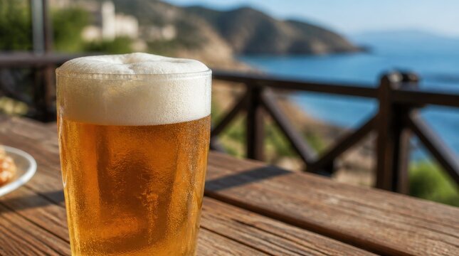 Beer glass: a frothy pint of beer resting on a rustic wooden table on a coastal terrace