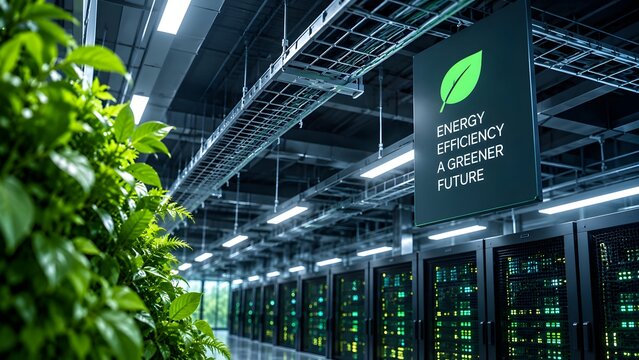 Sustainable green data center aisle with energy efficiency sign and eco friendly plant wall
