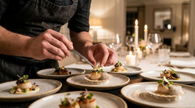 Private chef: a private chef arranging a multi course tasting menu for an intimate dinner party