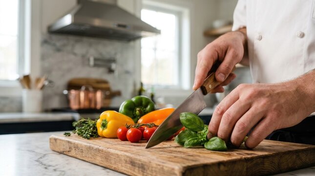 Private chef: a private chef selecting fresh ingredients before preparing a customized meal in a modern home kitchen