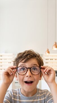 Portrait vertical d'un petit gar&ccedil;on surpris essayant de nouvelles lunettes chez l'opticien. Grand espace de copie pour affiche promotionnelle ou texte