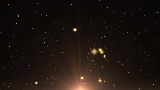 Starry night sky features golden light beams emanating from a bright point at the bottom edge.
