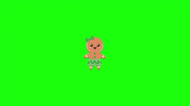 Cute gingerbread girl cookie character with green bow and skirt vector illustration isolated on green screen.   