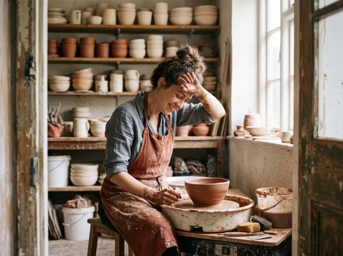 Pottery studio artisan shaping a handmade clay bowl