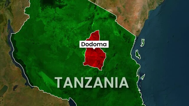 Tanzania map animation highlighting capital city Dodoma with red region