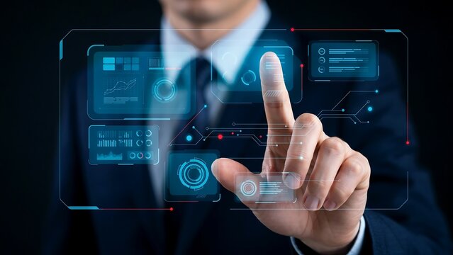 Businessman's hand interacting with a futuristic holographic interface displaying data analytics during a corporate presentation
