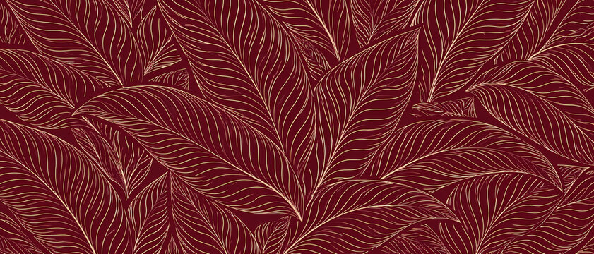 Elegant burgundy red tropical wallpaper with beige hand drawn banana leaf line art forming a dense botanical pattern, creating a rich luxury nature background with refined decorative foliage design