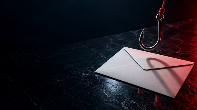 Email Phishing Scam And Cyber Security Threat Concept With Fishing Hook Over Envelope