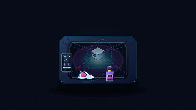 futuristic neon shopping portal scans and materializes digital products into a colorful 2.5D online shopping collection, representing e-commerce, digital retail, product discovery, and virtual market